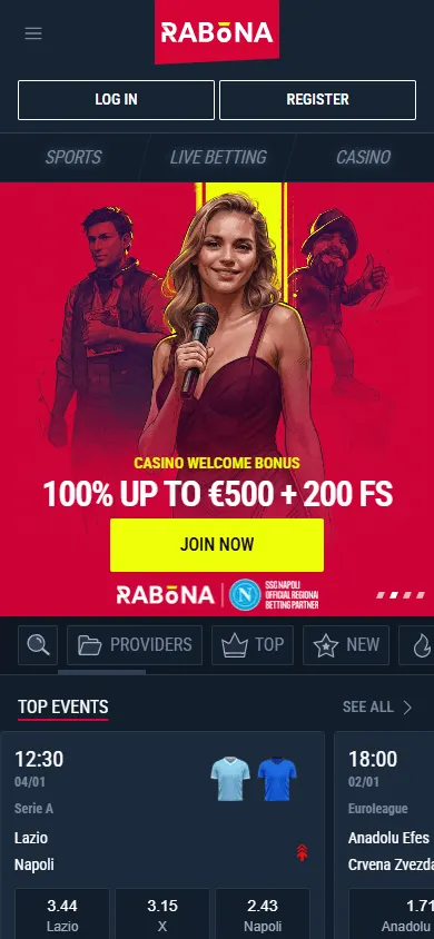 Rabona Casino home page on a mobile device