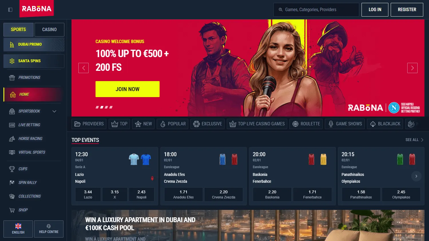 Rabona Casino home page on desktop