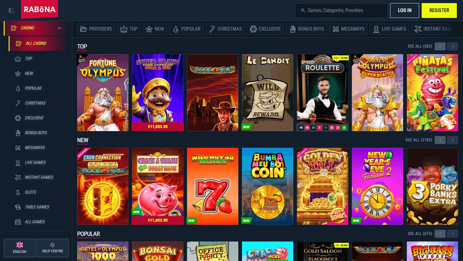 Rabona Casino games area on desktop