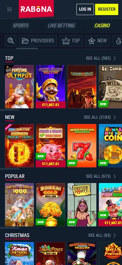Rabona Casino games area on a mobile device